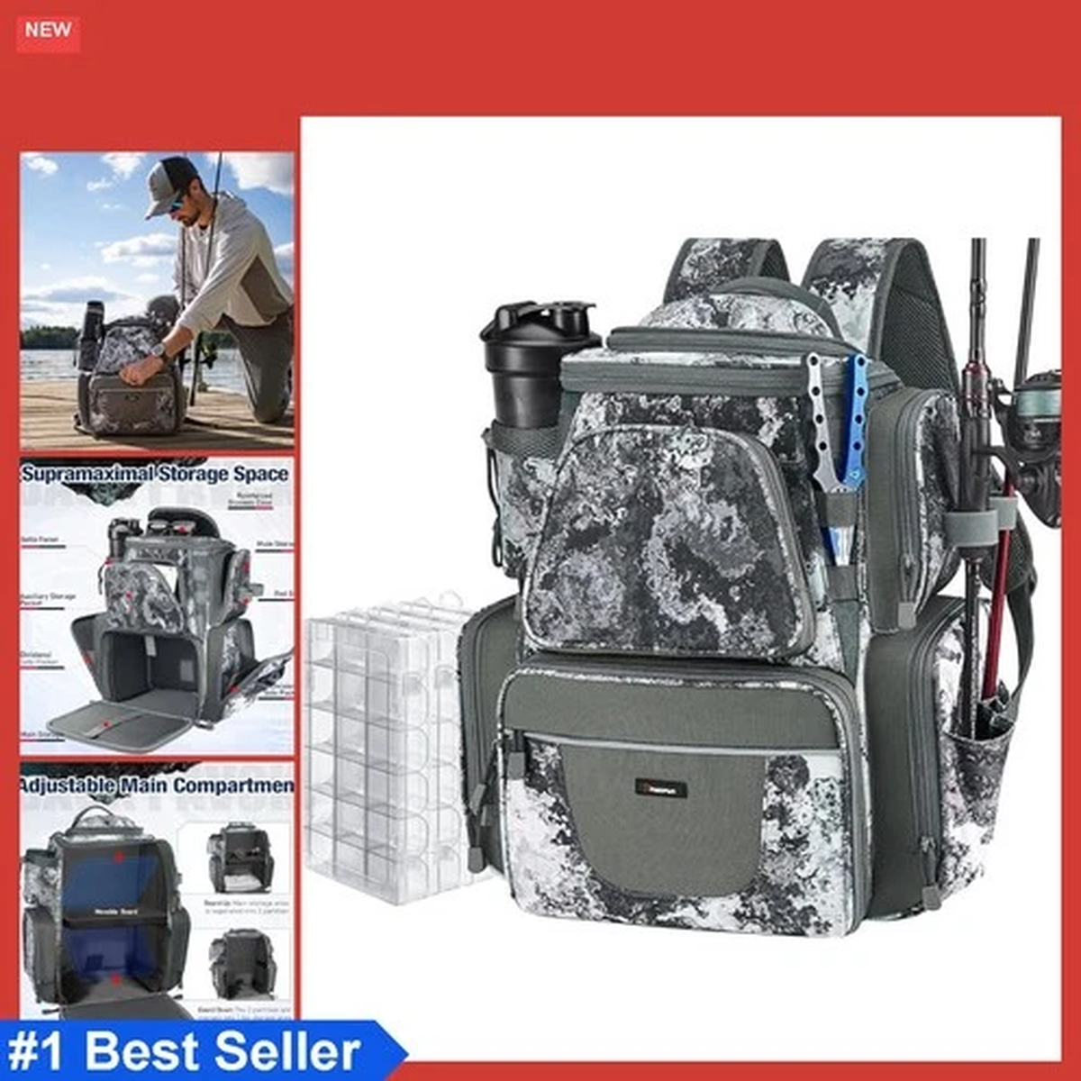 Fishing Backpack 45L with Rod Holders Tackle Storage Bag Rain Cover