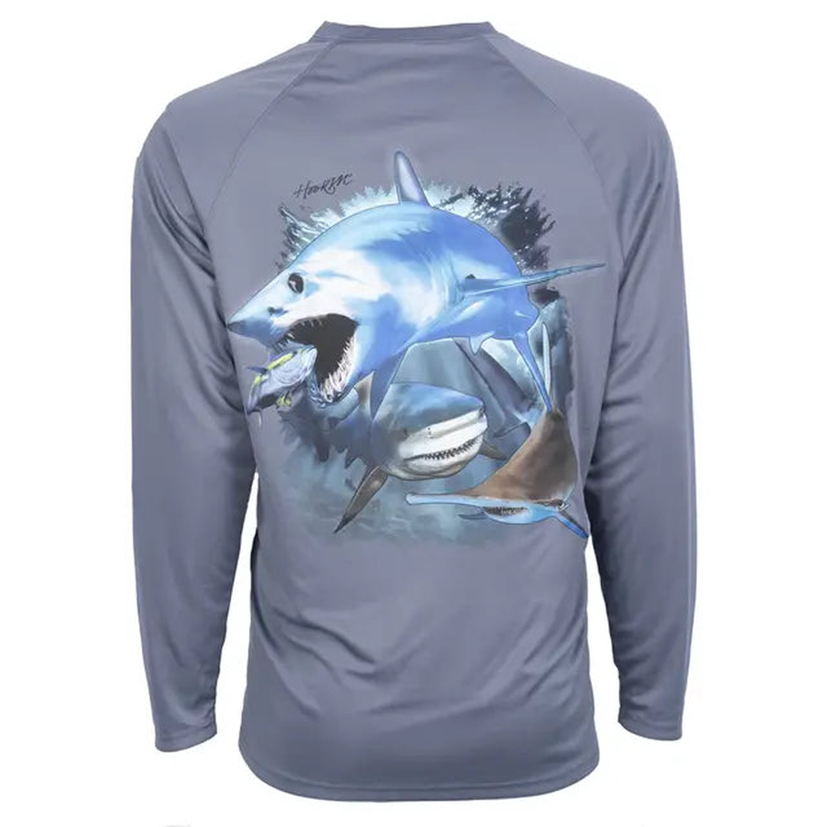 Bimini Bay Men's Hook M' Long Sleeve Tee, Grisaille Grey Shark Slam
