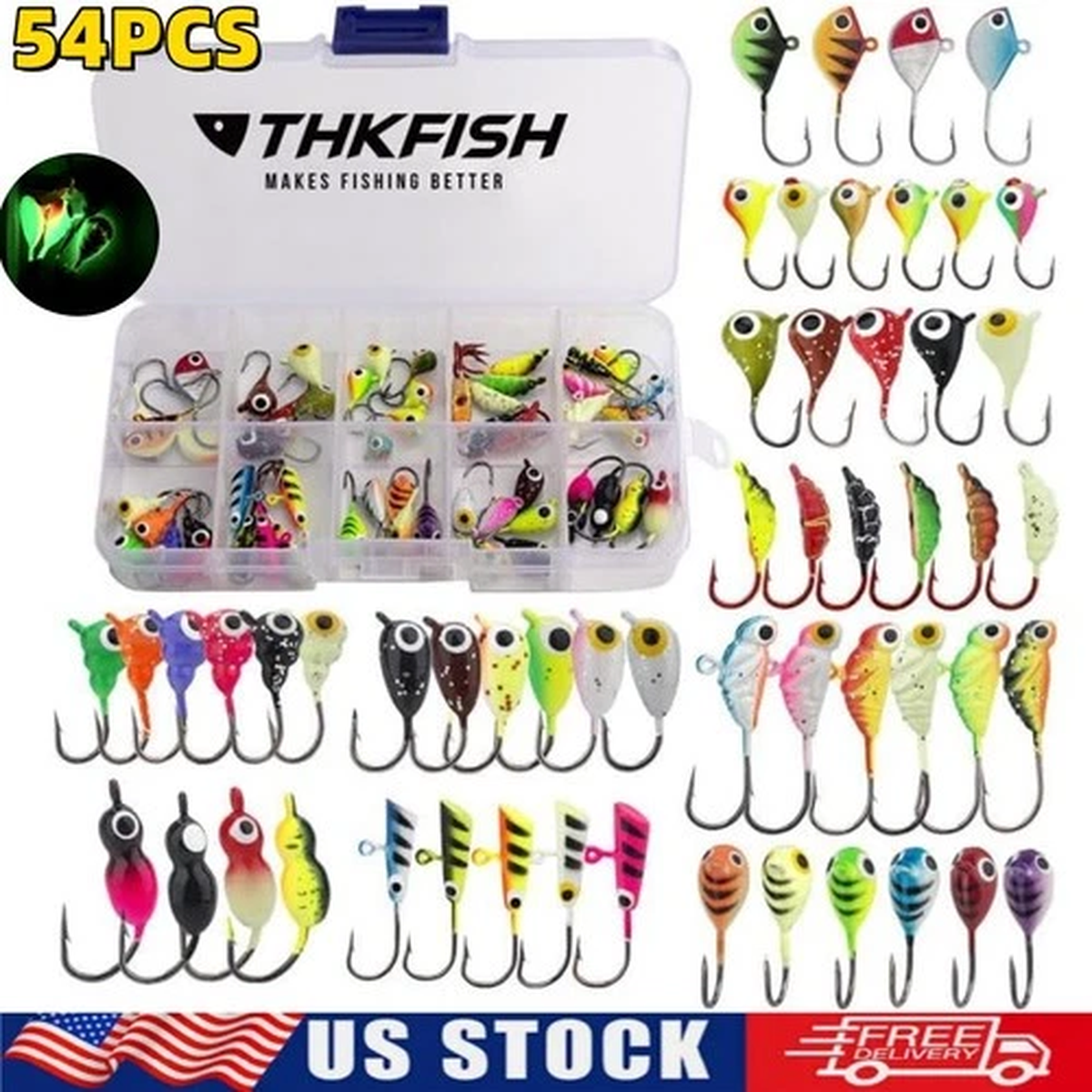 THKFISH Ice Fishing Jigs 54pcs Glow Ice Fishing Lures Walleye Jig Ice Jigs Kit