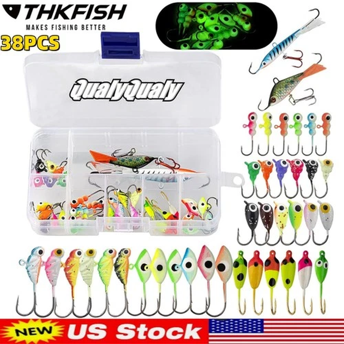 38PCS Ice Fishing Jigs Kit Ice Fishing Lures for Walleye Perch Jigs Heads Box US