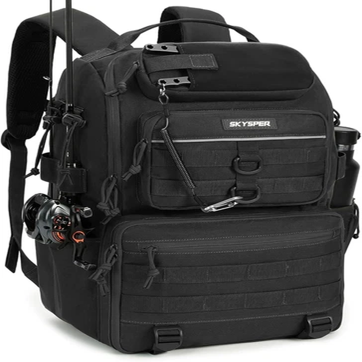 40L Water-Resistant Fishing Tackle Backpack with Rod Holder - Black