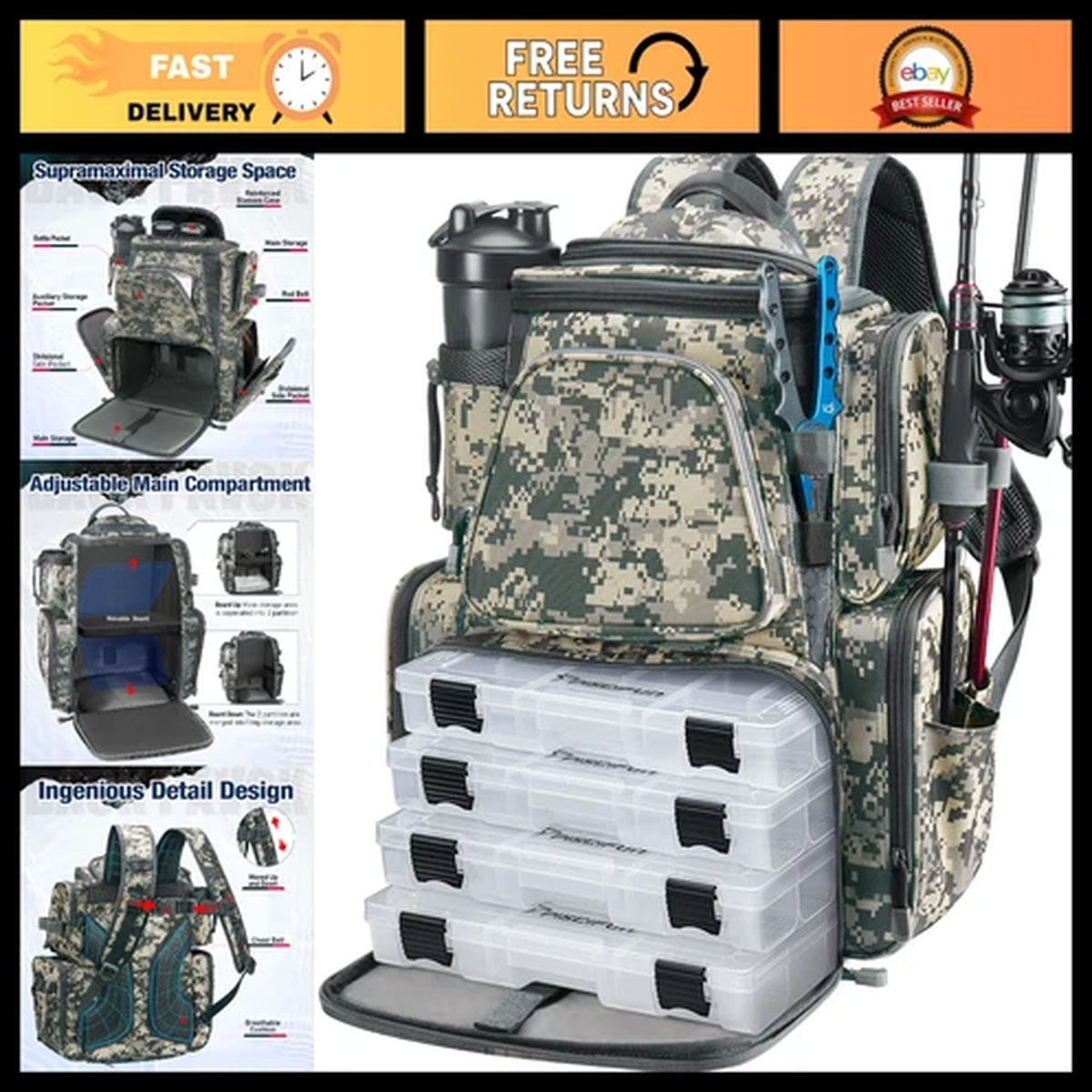 Fishing Backpack with 2 Rod Holders & 4 Tackle Boxes, Large Storage Bag, Rain Co