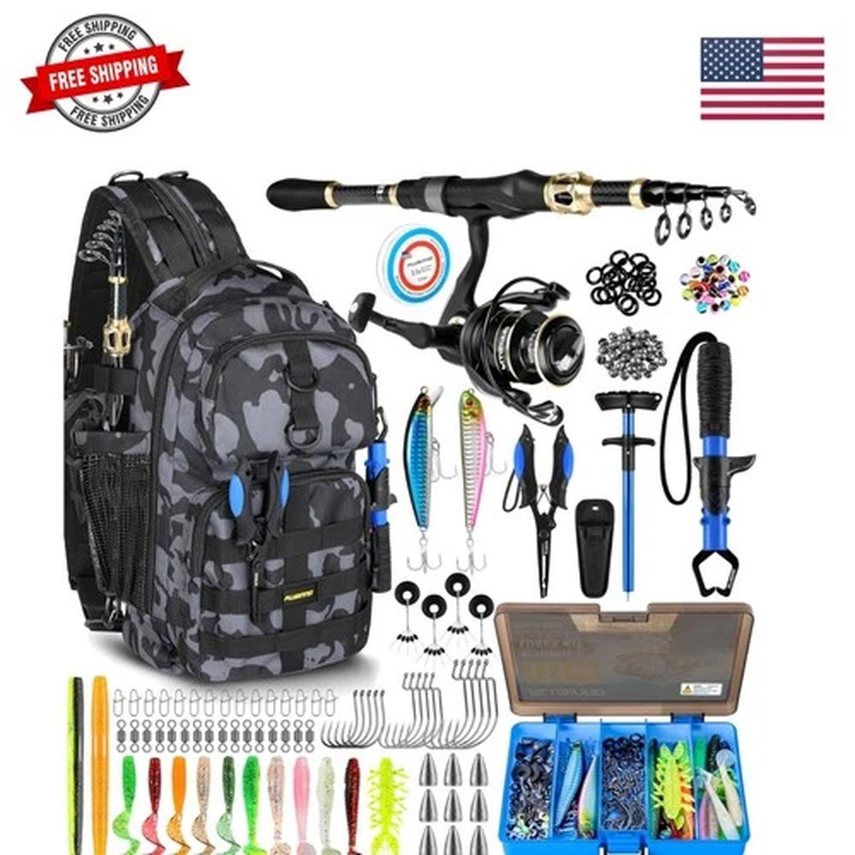 Fishing Backpack with Fish Rod and Reel Combos Tackle Boxes, Waterproof Tackl...