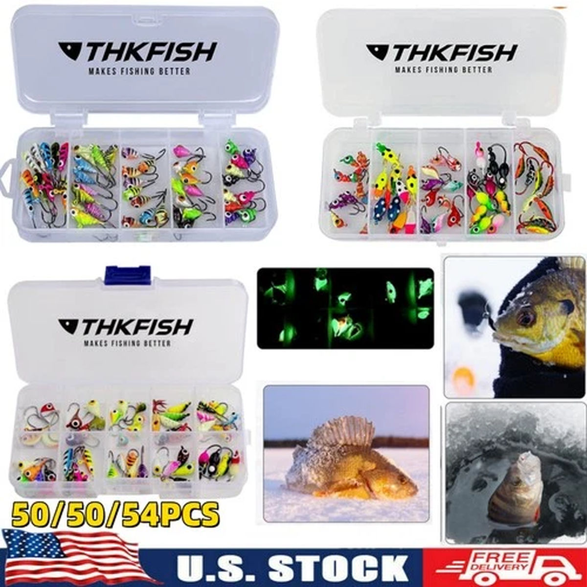 50/54Pcs Ice Fishing Jigs Winter Ice Fishing Lures Jigs Head Hooks Fishing Kit