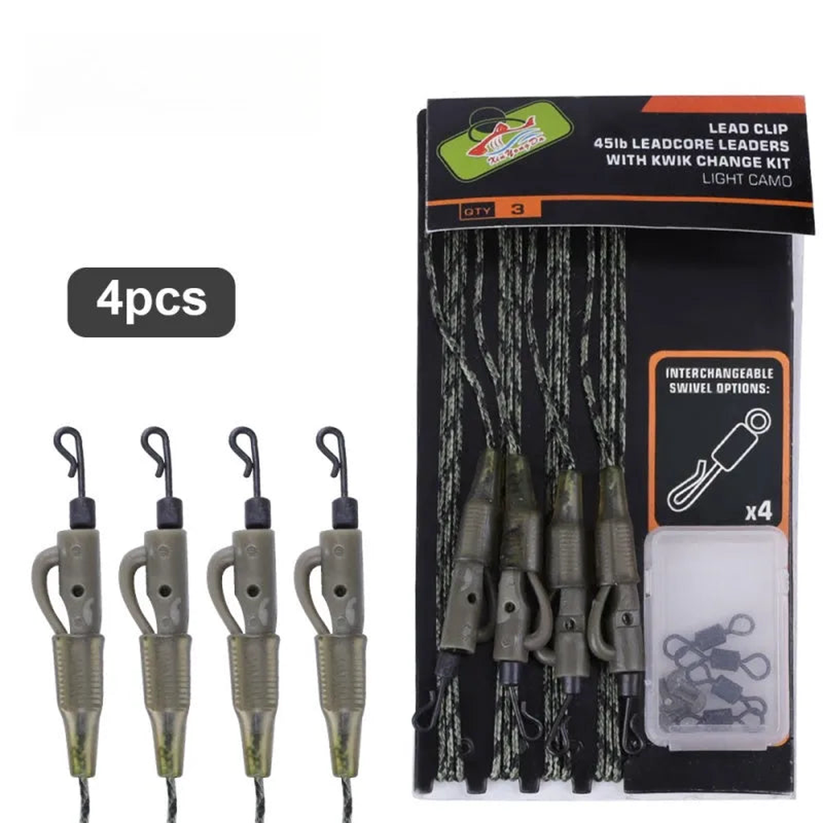 Reelfishing Lead Clip 45lb Leadcore Leaders with Kwik Change Kit Light Camo