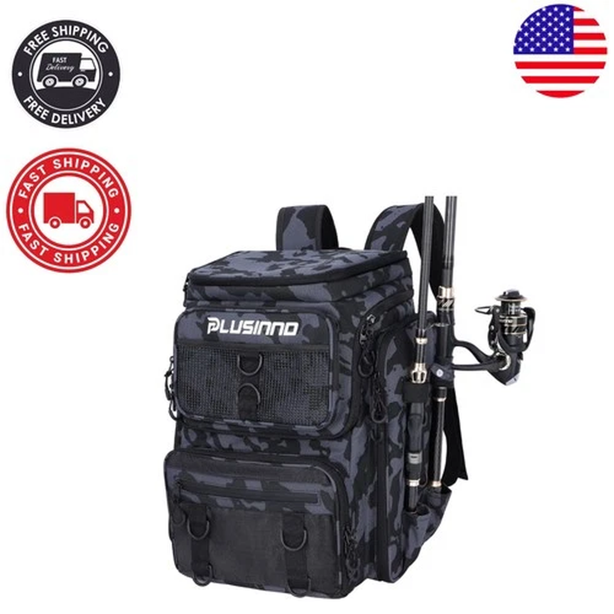 Water-Resistant 42L Fishing Tackle Backpack with Rod Holders - Black Camouflage