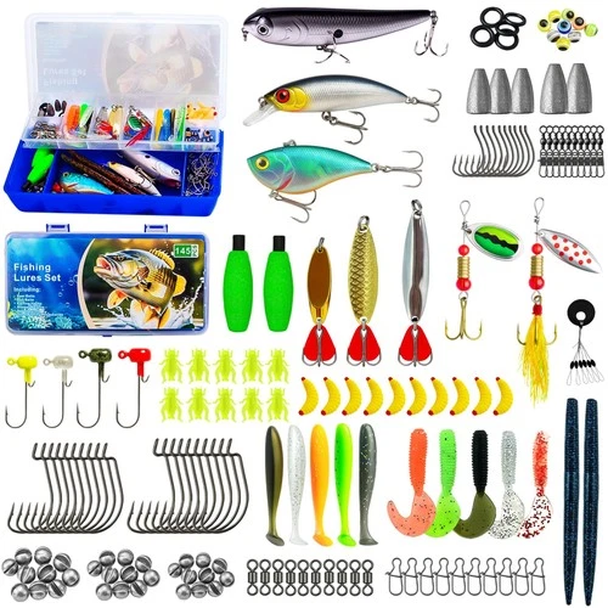 145 PCS Fishing Tackle Box Kit with Lures Hooks Accessories for Freshwater