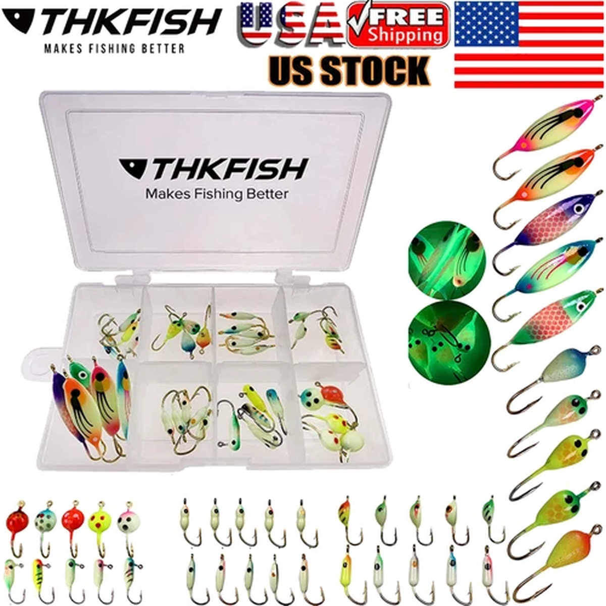THKFISH 40Pcs Ice Fishing Jigs Hook Ice Fishing Lures Ice Fishing Tackle Kit