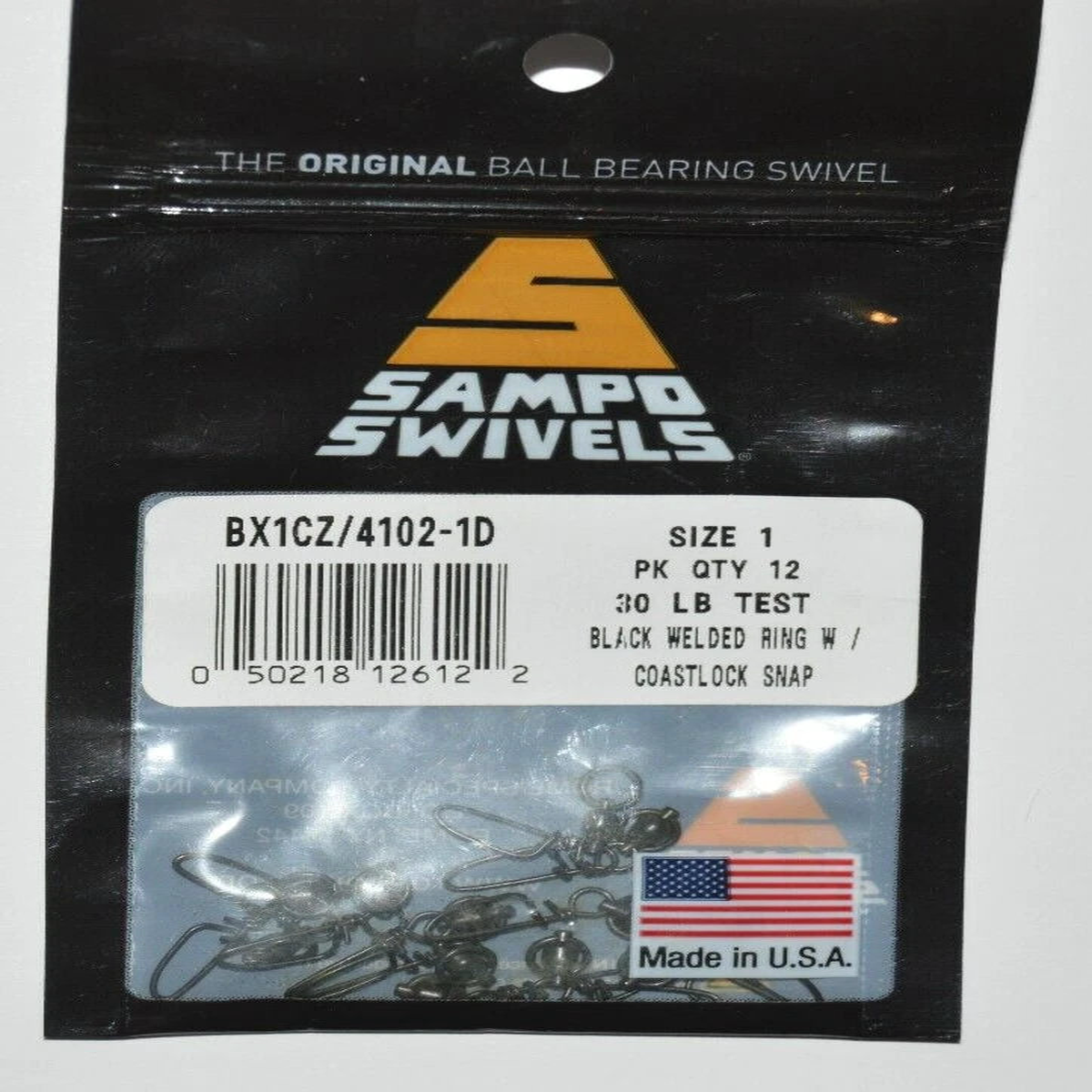 sampo swivels ball bearing welded ring w/ coastlock snap size 1 30lb black