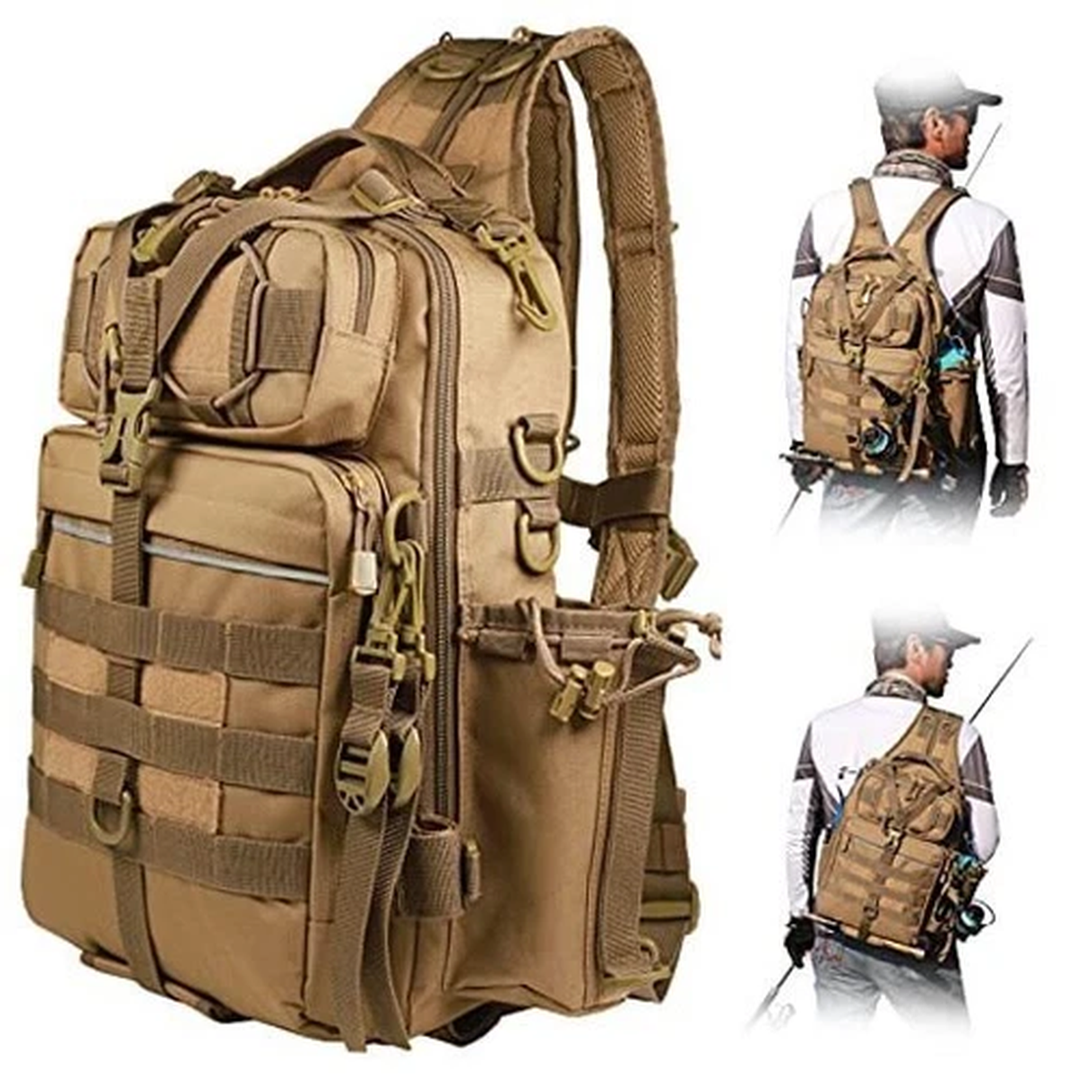 Fishing Backpack with Rod Holder Fishing Tackle Bag Large(16*12*6inch)-khaki