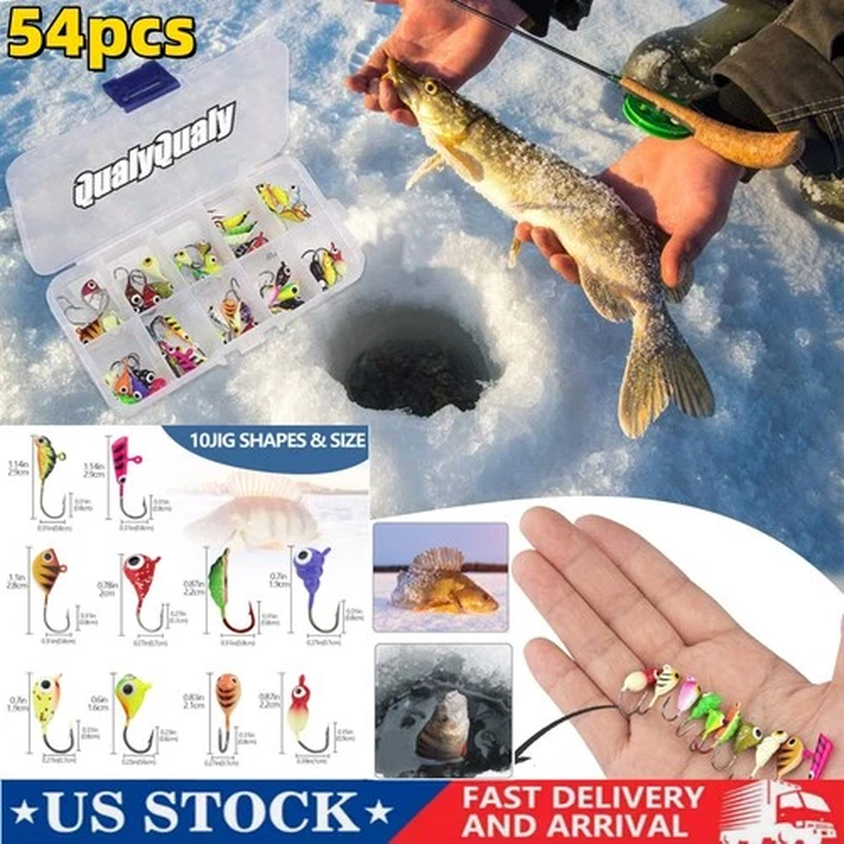 54pcs Ice Fishing Lures Ice Fishing Jigs Kit Glowing Paint Ice Fishing Jig Heads