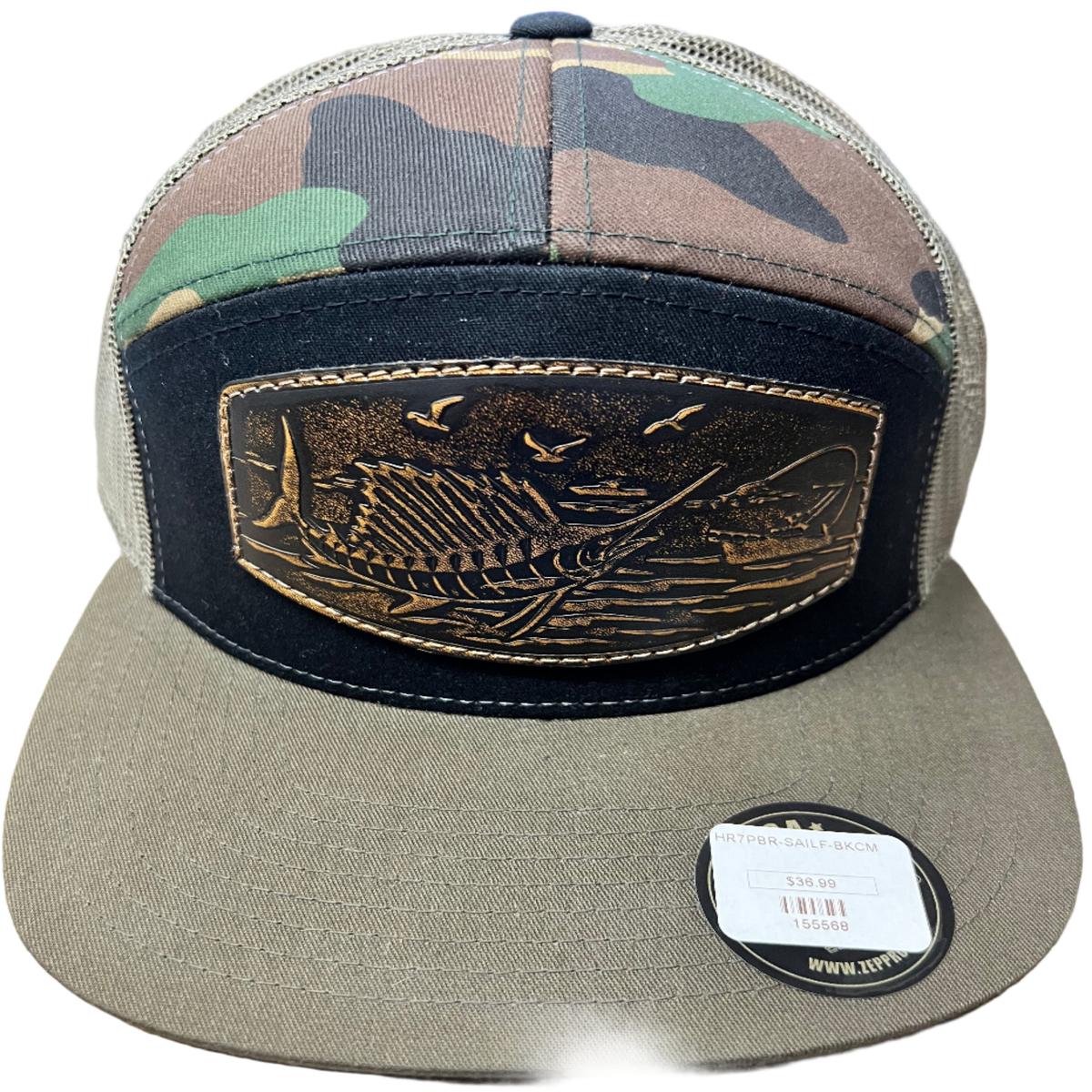 Zep-Pro 7 Panel Hat Black/Camo Sailfish Hat Adjustable Leather Patch
