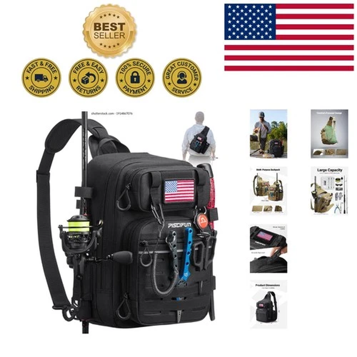 Lightweight Fishing Tackle Bag with MOLLE System & Dual Rod Holders for Outdoors