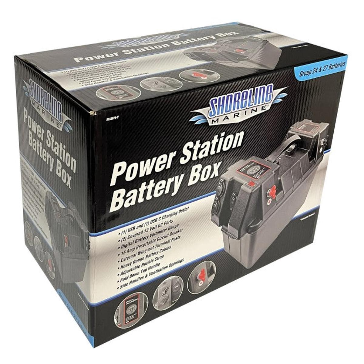 Shoreline Marine Deluxe Power Station Boat Battery Box with USB & USB-C Fits 27m Battery