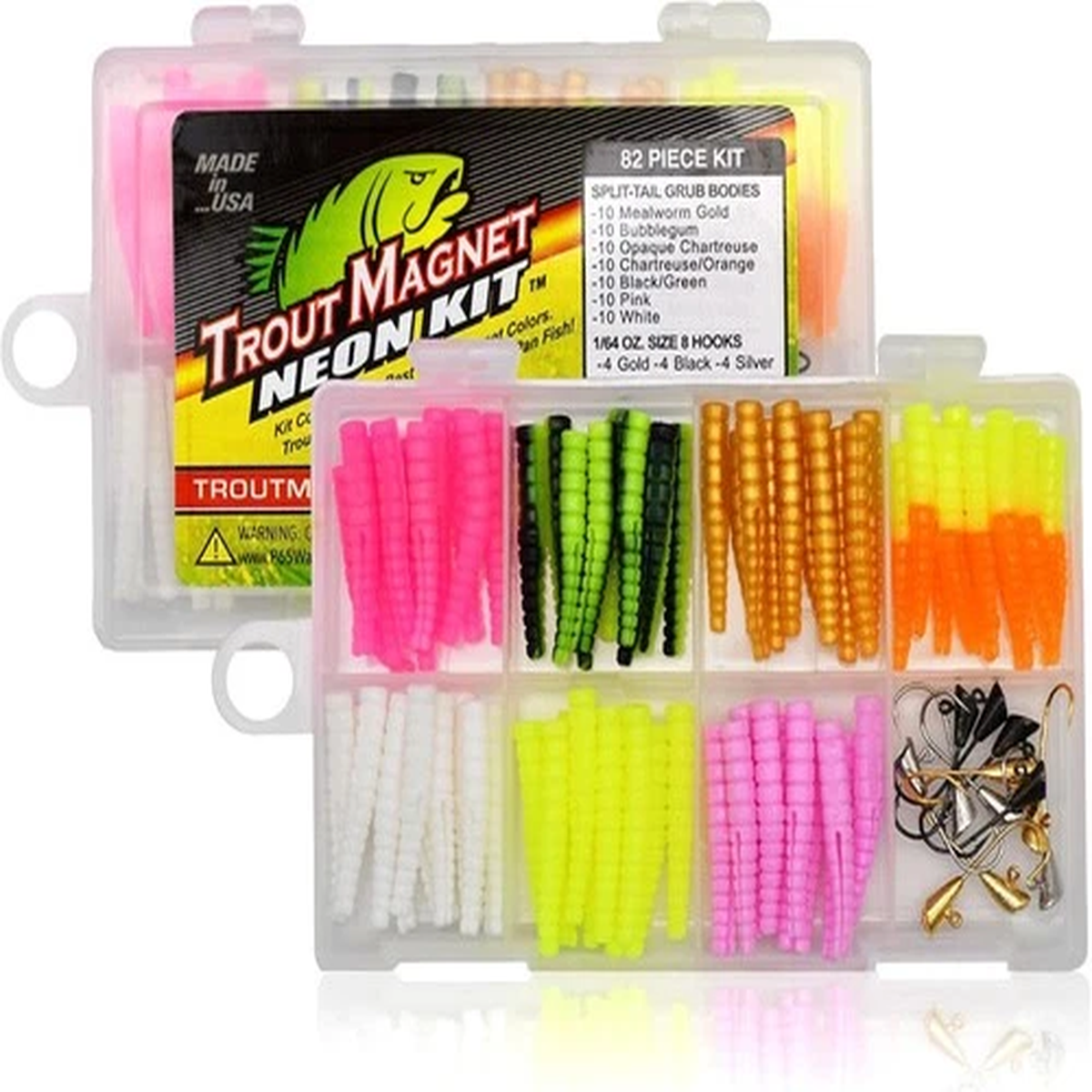 82-Piece Neon Fishing Gear Kit, 70 Grub Bodies Trout Bait and 12 Size 8 Hooks