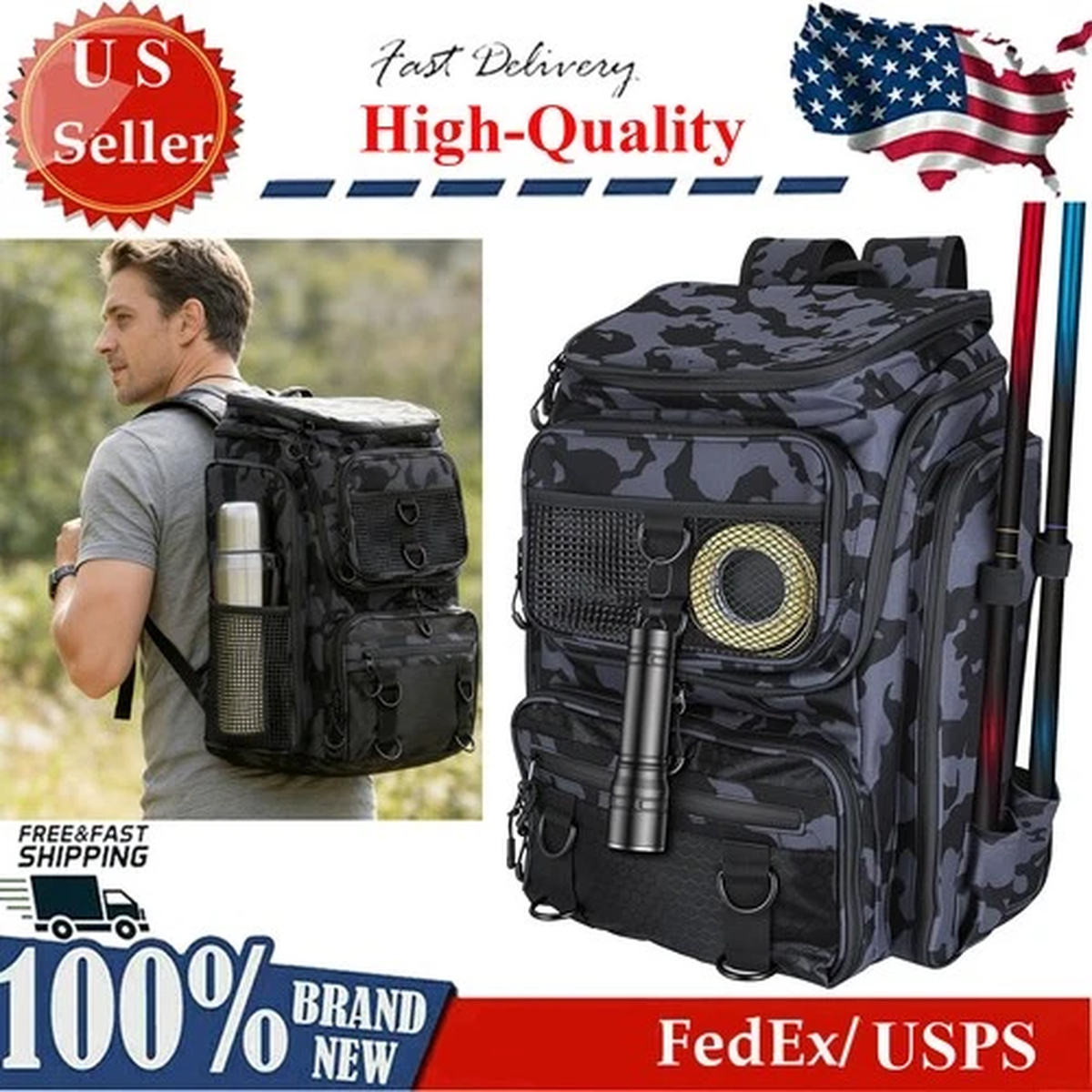 Fishing Backpack Large Capacity Fishing Tackle Storage Bag w/ Rod Holders