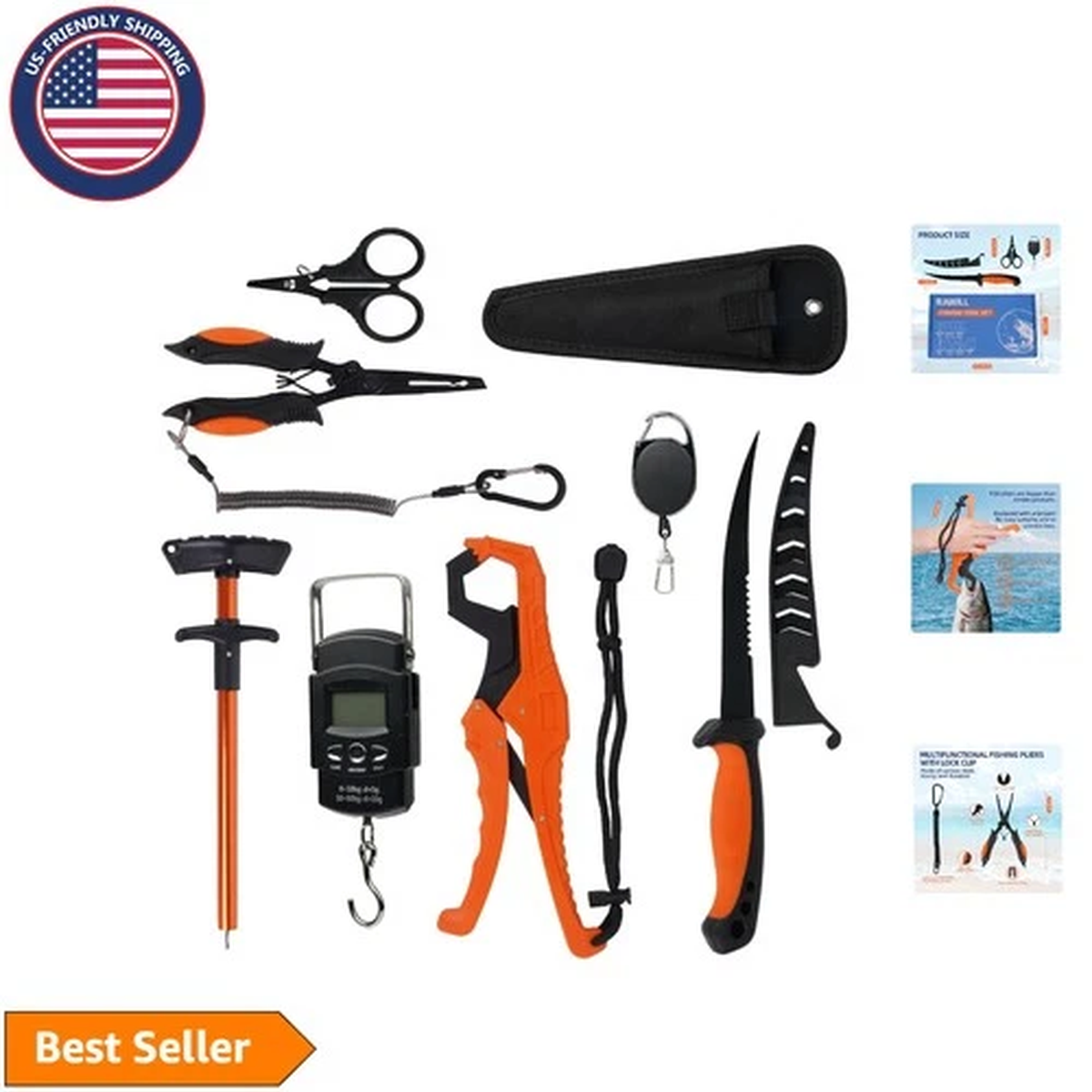 Versatile Orange Fishing Accessory Kit: Scale, Pliers, Knife & Lanyards Included