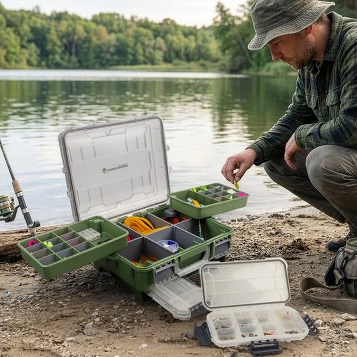 Fishing Tackle Box Dual Layer Organizer Adjustable Dividers 2 Trays, Green