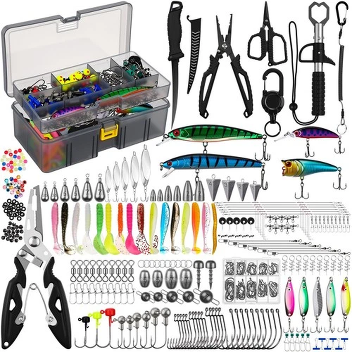 449 Pcs Fishing Lures Kit Removable Tackle Box for Saltwater with Hooks, Weig...