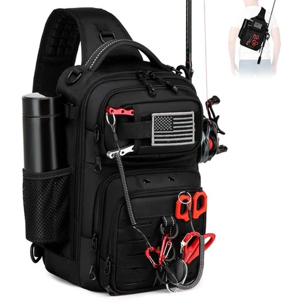 Fishing Sling Bag, Fishing Bag With Rod Holder Fixed Stickers, MOLLE System, ...