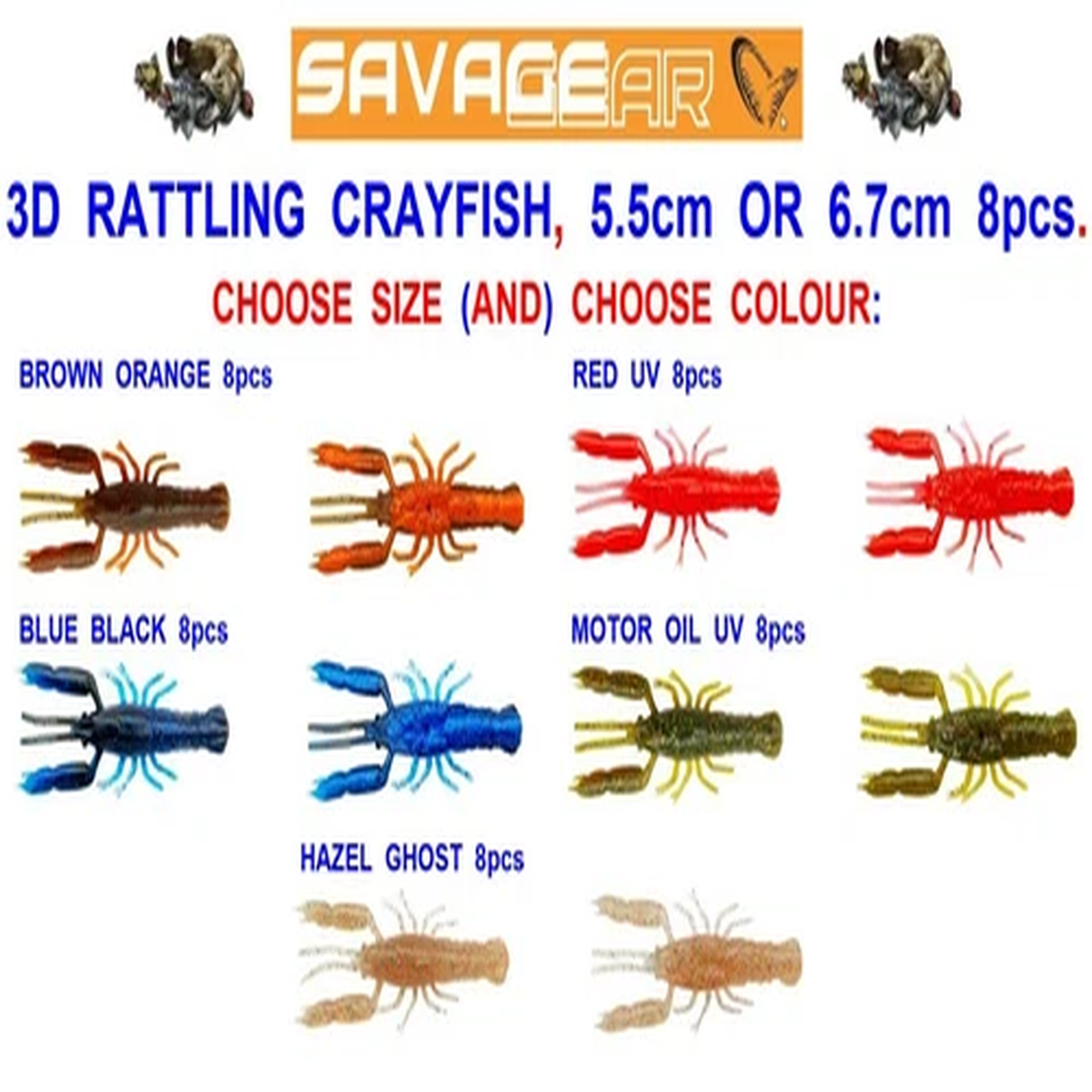 8 SAVAGE GEAR 3D RATTLING CRAYFISH SOFT BAIT LURES FOR DROP SHOT JIG HEADS
