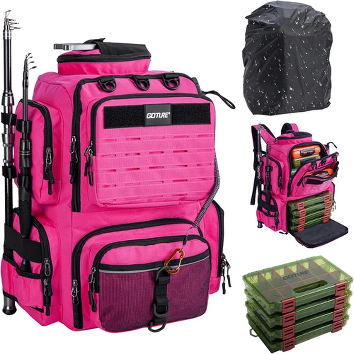 Fishing Backpack with 4 Tackle Boxes,900D Water-Resistant Tackle Backpack with R