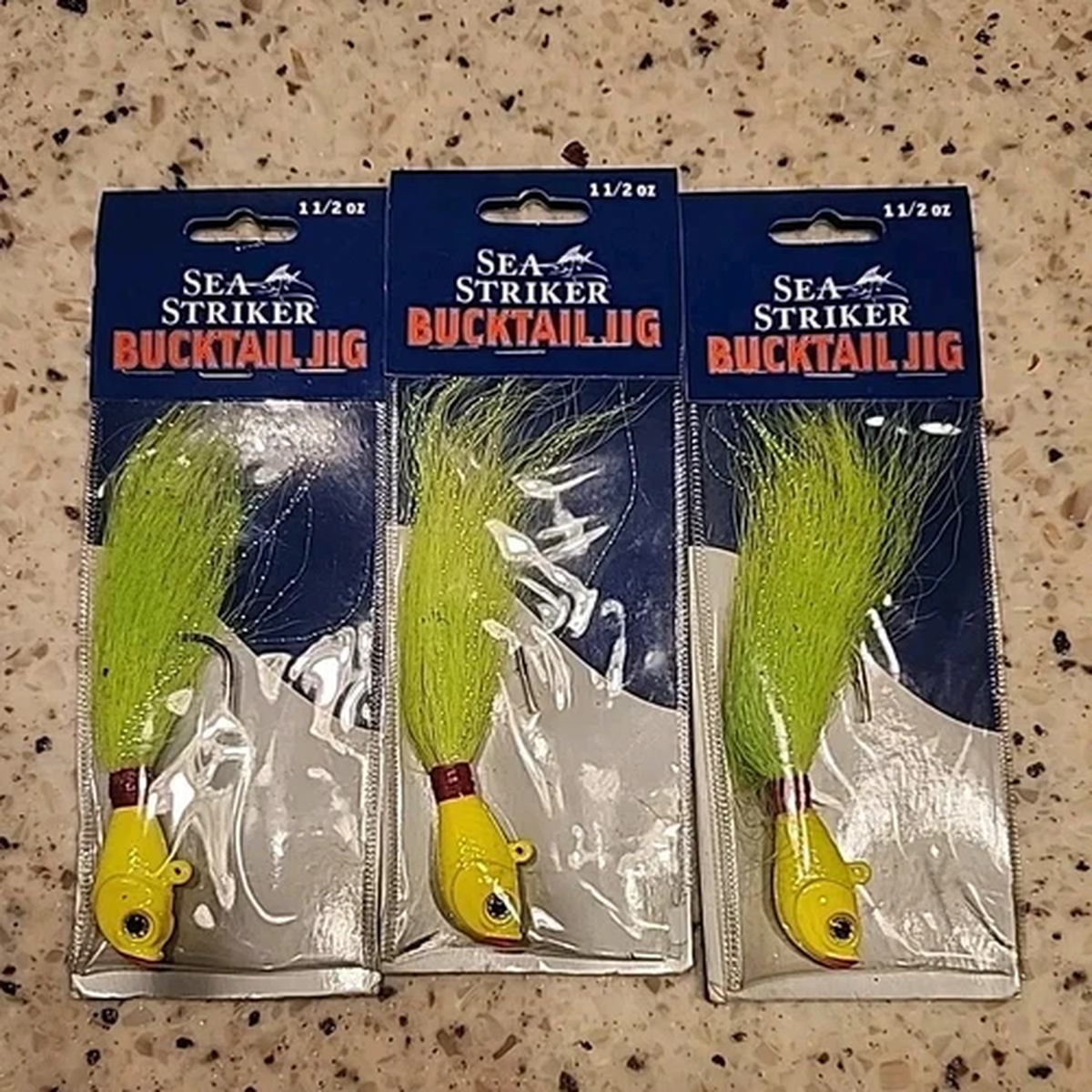 3 Sea Striker Bucktail Jigs 1.5 Oz Chartreuse With Holographic Eyes Nip