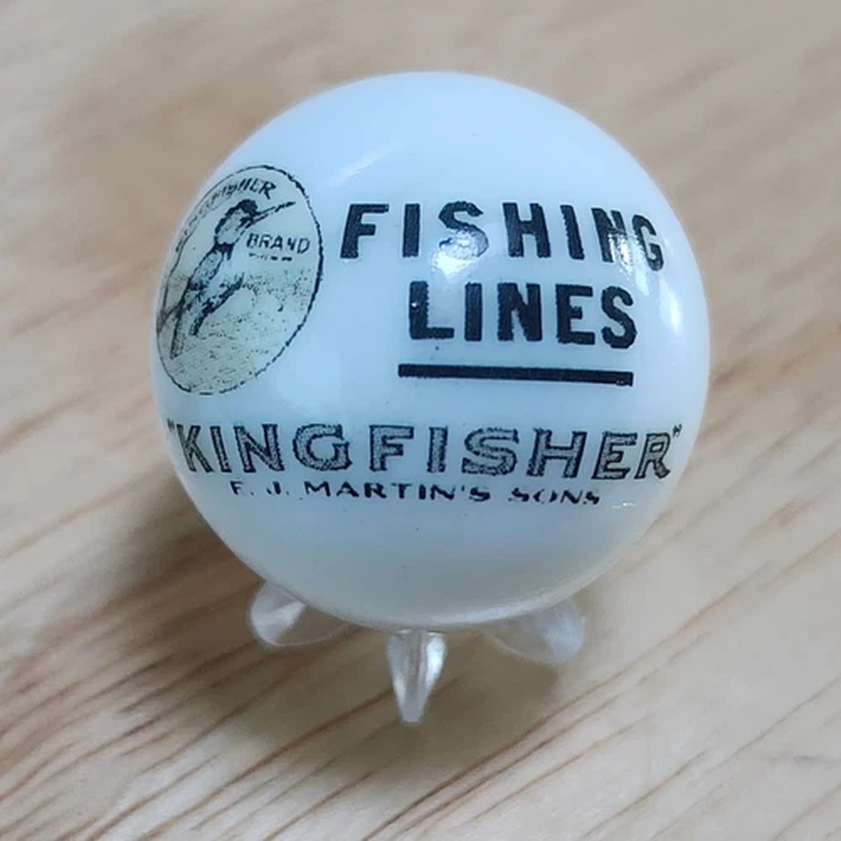 KINGFISHER BAIT FISHING TACKLE ADVERTISING MARBLE 1" SHOOTER W/ STAND COLLECTOR