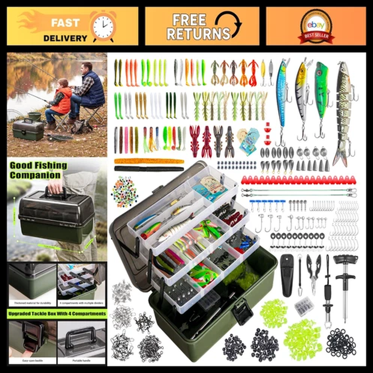 4-Layer Fishing Tackle Box Kit - 605 Pcs Gear, Lures, Tools & Accessories for Be