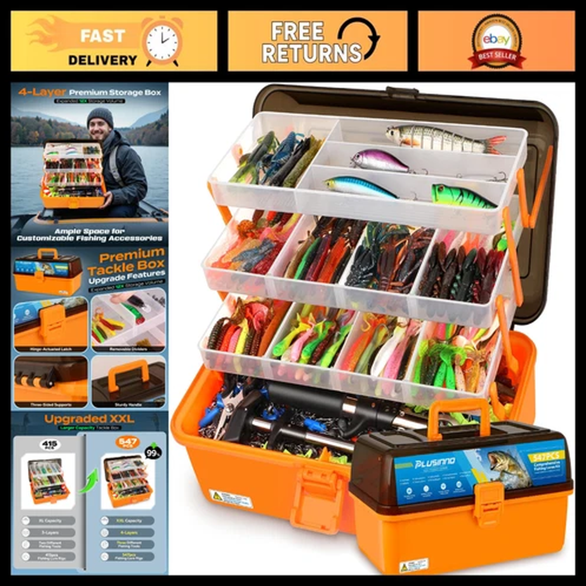 Large 4-Layer Fishing Tackle Box Kit with 547Pcs Lures, Hooks, Weights & Gear