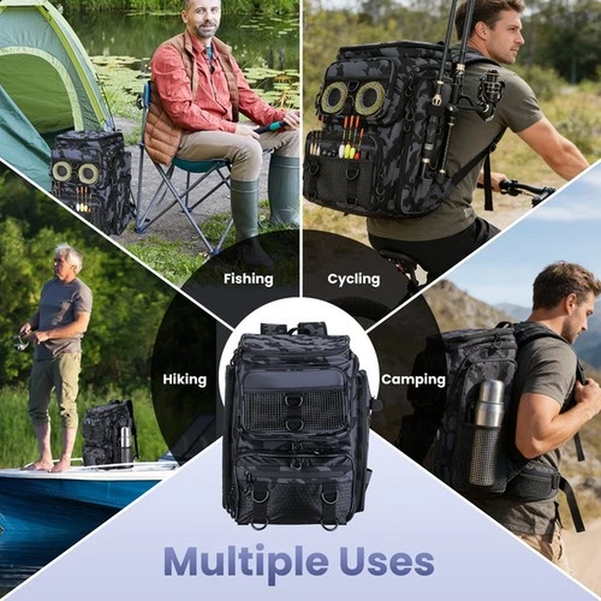 42L Multi-use Backpack Tackle Storage Bag Rod Holders 16 Pocket Water Resistant