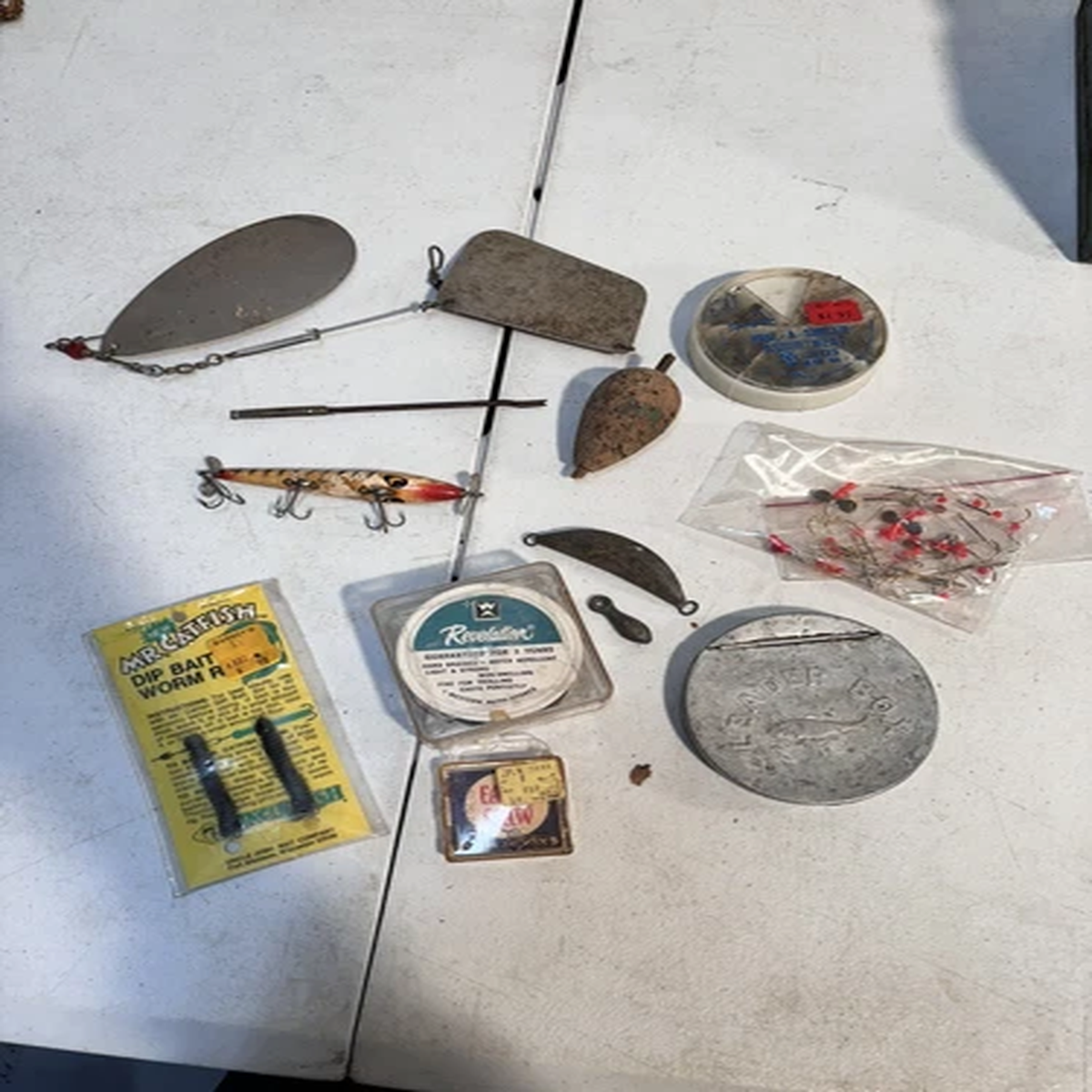 Vintage Lot Fishing Gear Lures, Hooks, Sinkers, Wood, Spinner Reflector, Line