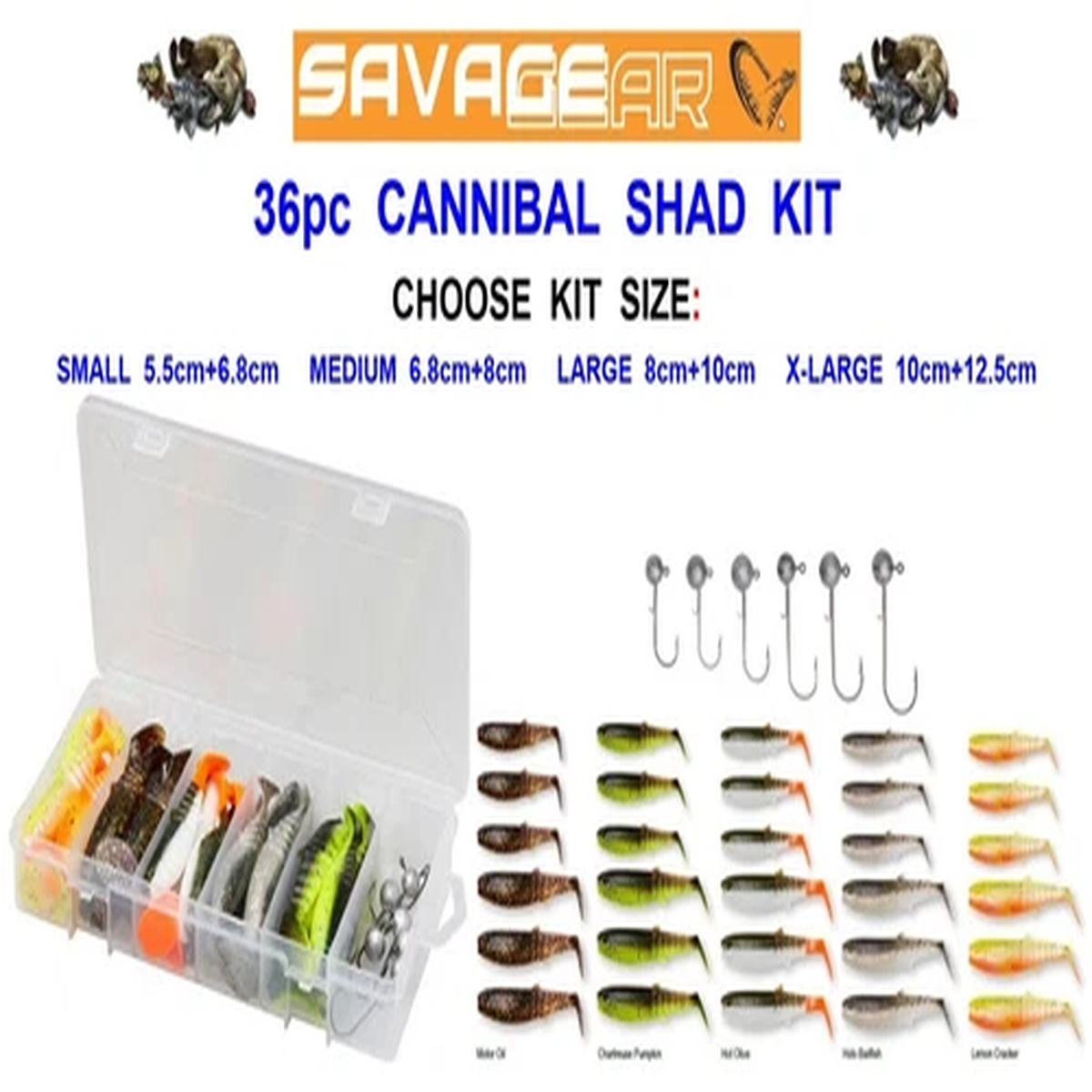 NEW SAVAGE GEAR 36pc CANNIBAL SHAD & JIG HEAD LURE BOX KIT PIKE PERCH BASS LURE