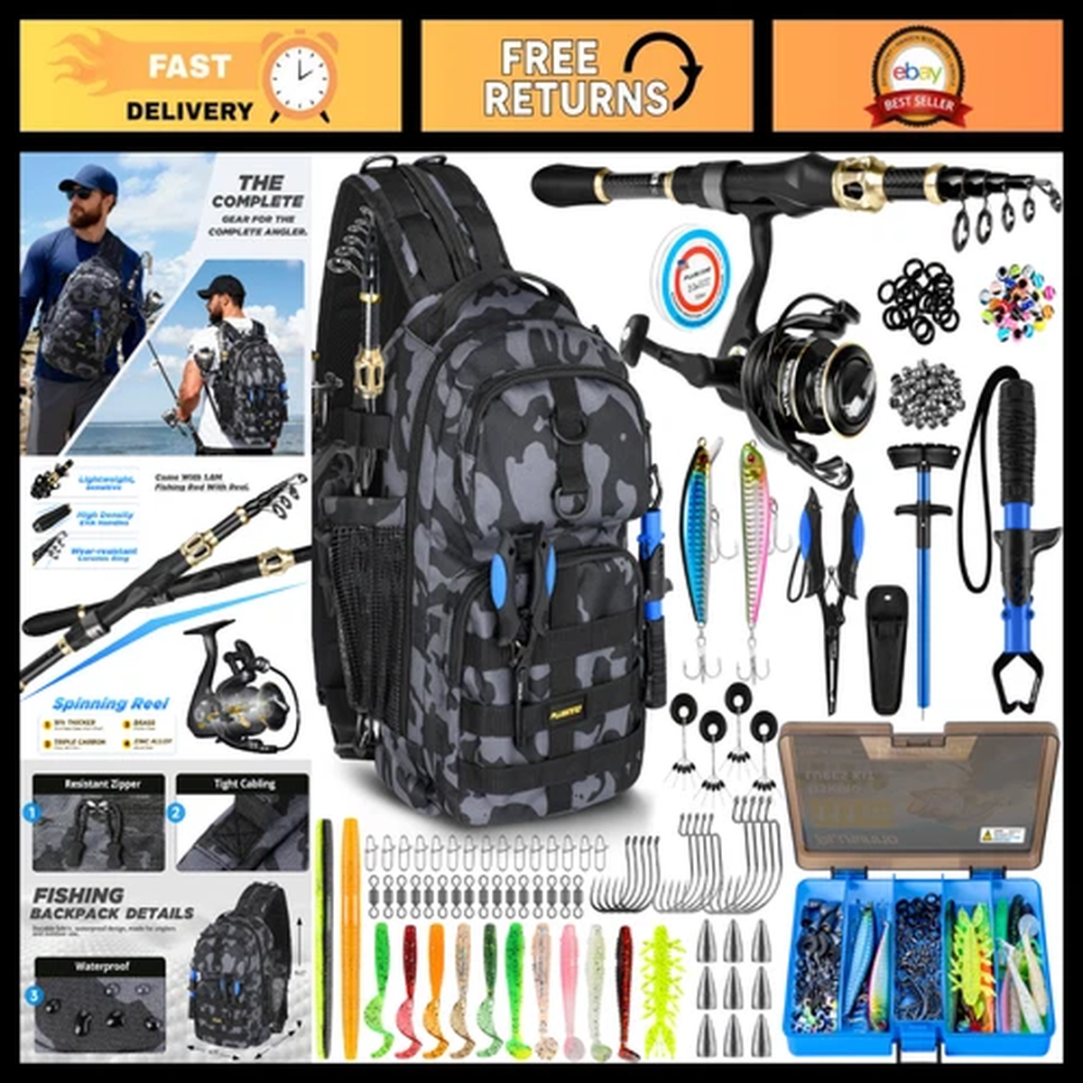 Fishing Backpack with Rod Holder, Waterproof Tackle Box, Fishing Gear Kit, Gifts