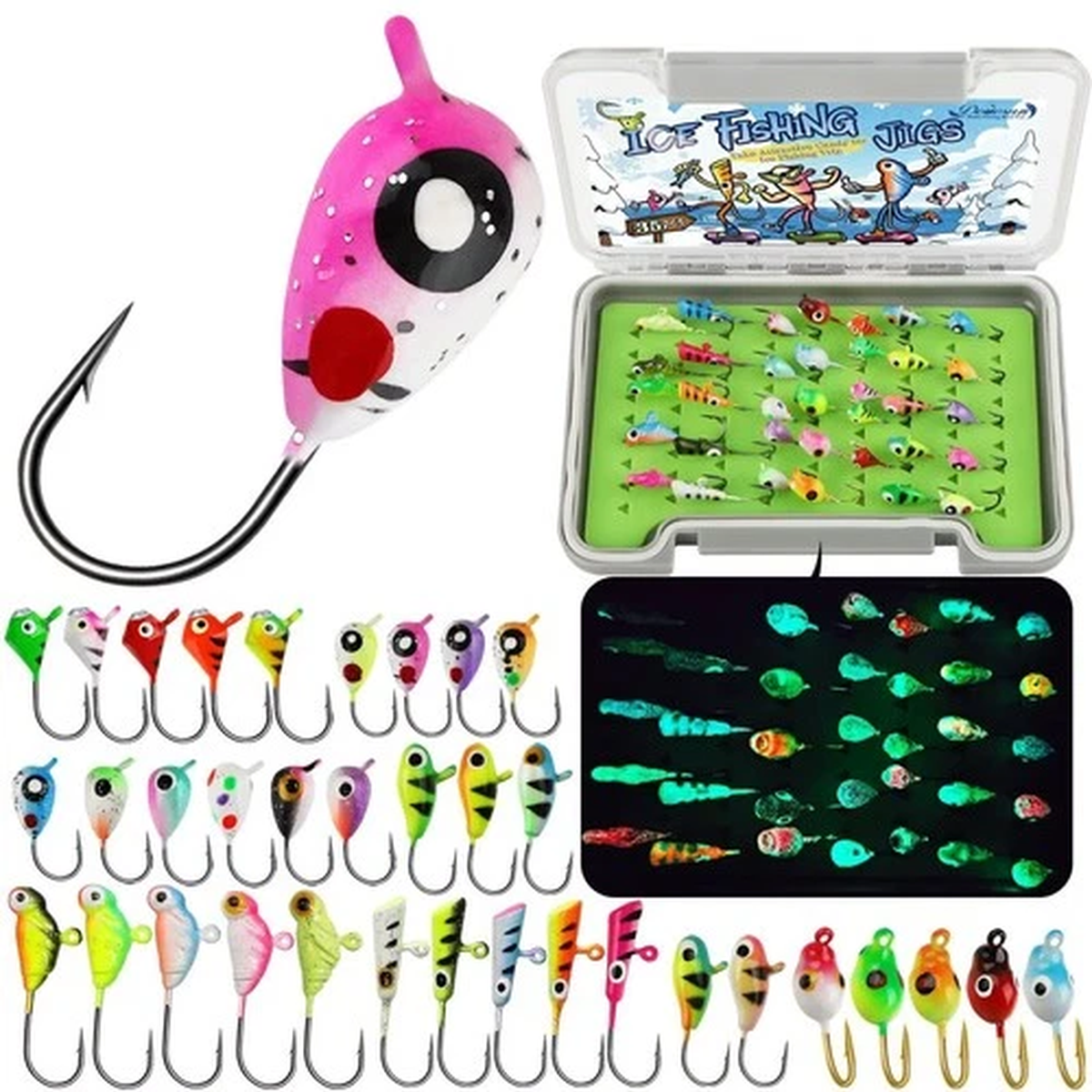 Dovesun Ice Fishing Jigs Kit Glow in The Dark Fishing Gear Lures 35 Pcs Ice J...