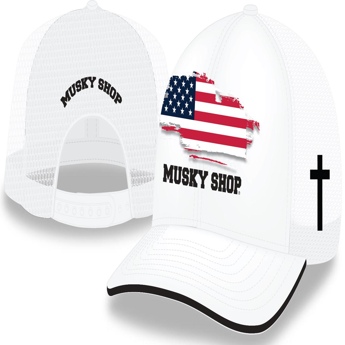 Musky Shop White Mesh Trucker Cap U.S. Flag Front