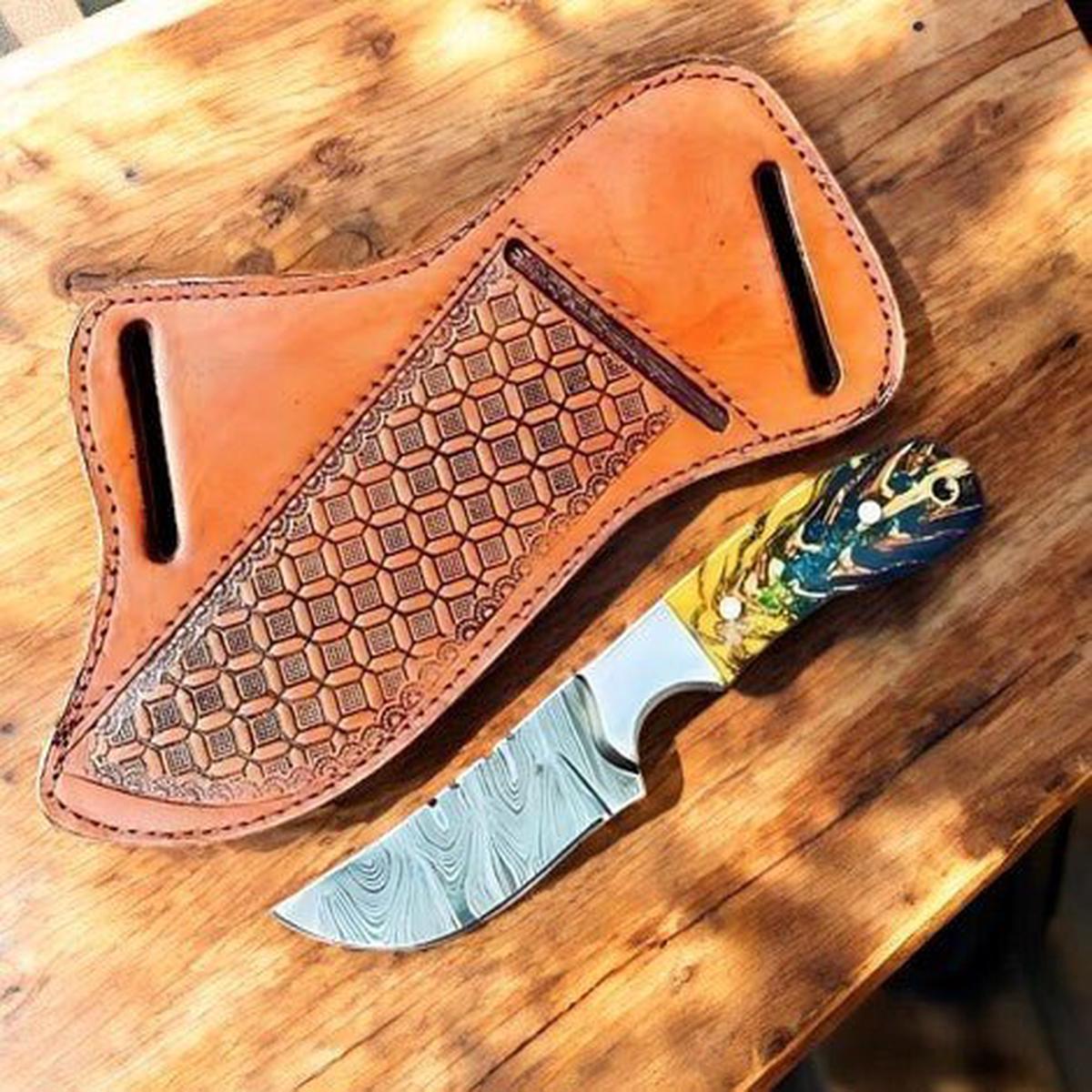 Damascus Knife Store Custom Handmade Damascus Cowboy Knife with Epoxy Pine Cone Handle