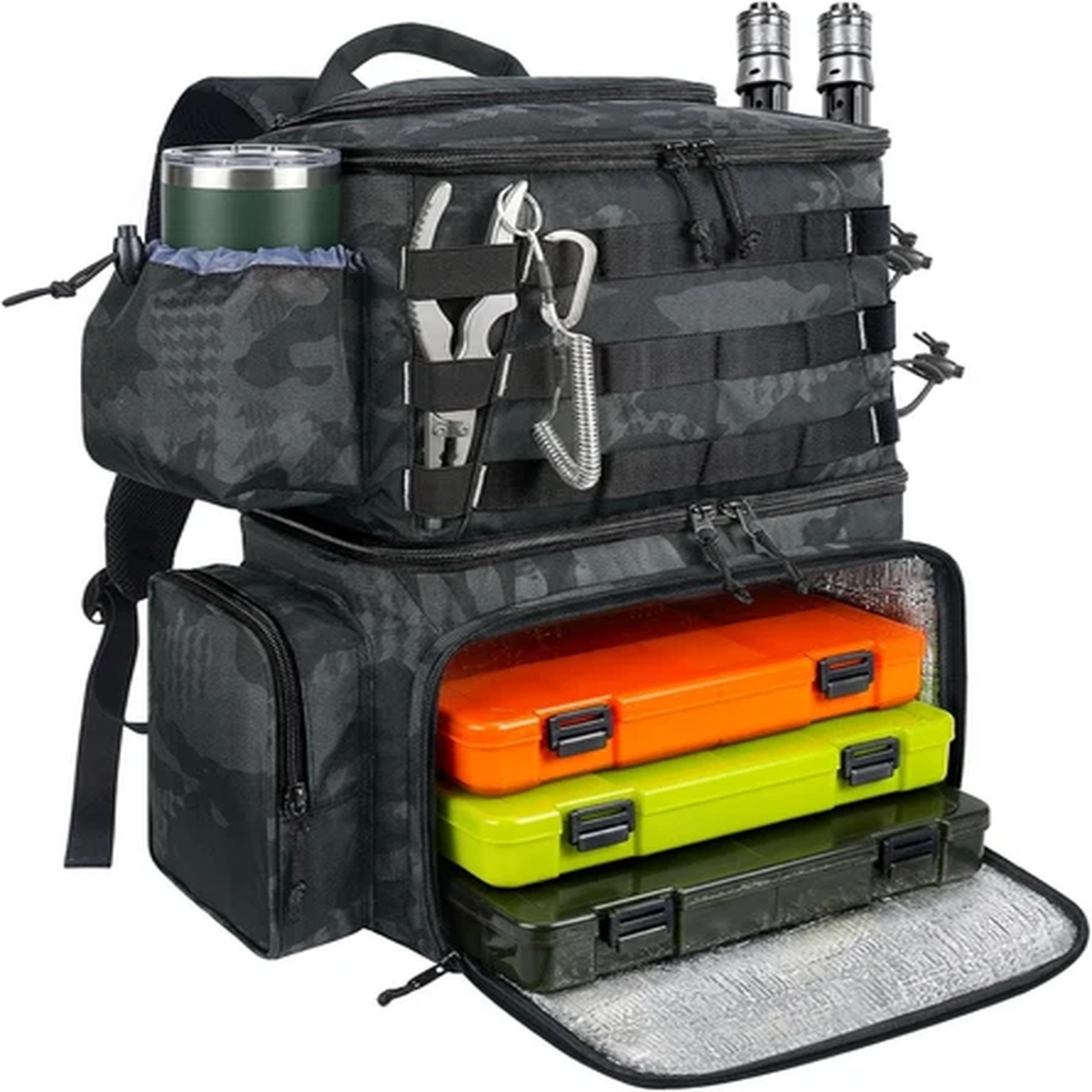 Fishing Backpack, Water Resistant Tackle Storage Bag with Rod Holders