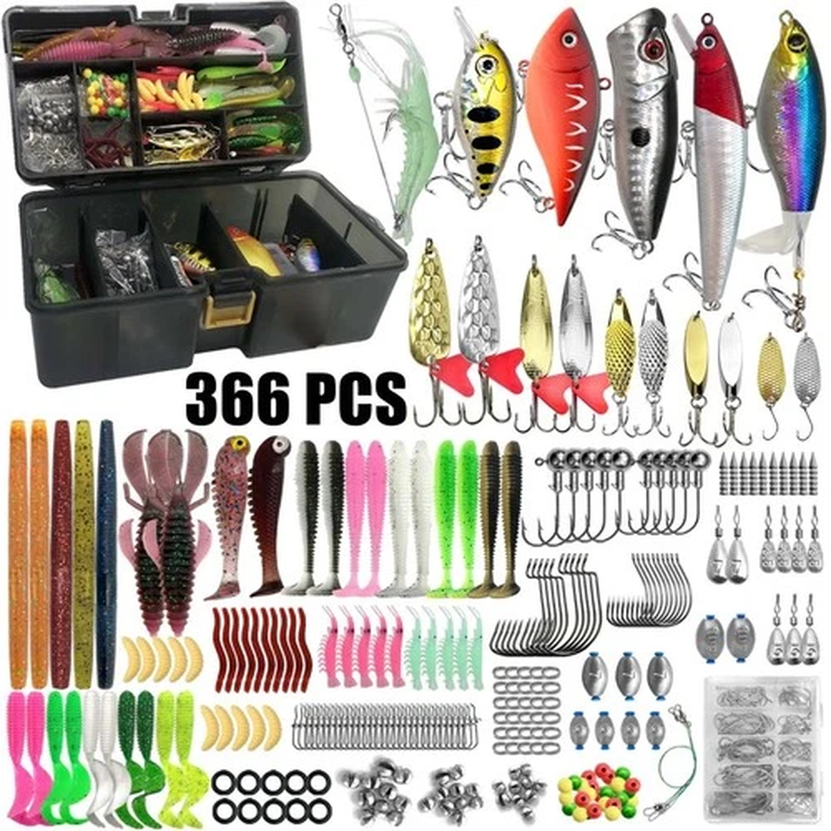 Professional Fishing Lures Kit 366 Pcs - Complete Tackle Box Set Bass Trout